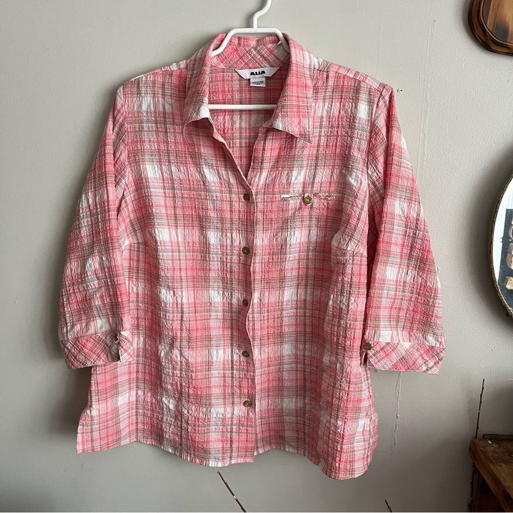 3/$40 Alia size 18W Pink & Tan Button Down Blouse 3/4 length Sleeve